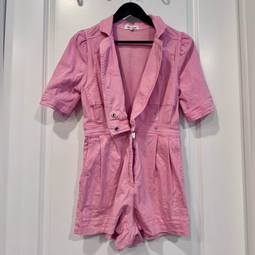 Totally Retro Puff Sleeve Denim Romper Pink; Size: Small
